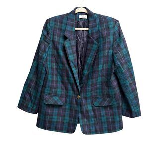 Alfred Dunner Womens Plaid Blazer Size 14 Blue & Green Button Front Made In USA